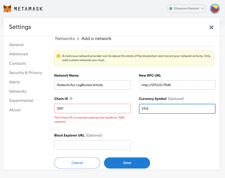 Metamask New Network Form Entry Fields