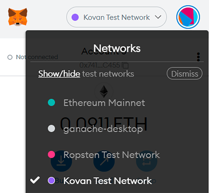 Select the Kovan test network in the dropdown