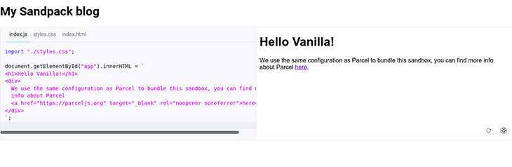The default vanilla JS Sandpack template in the editor