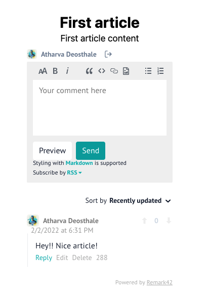 Sample "first article" with comment from authorized user