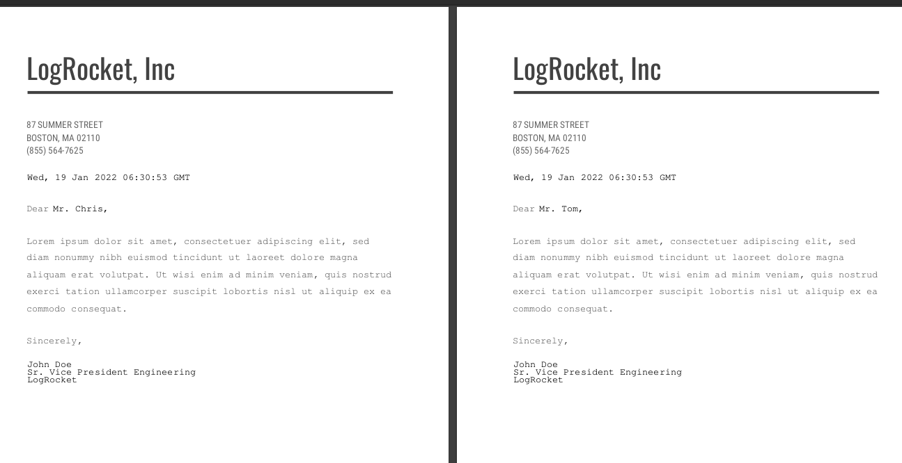 Two letterhead pdfs with different signers