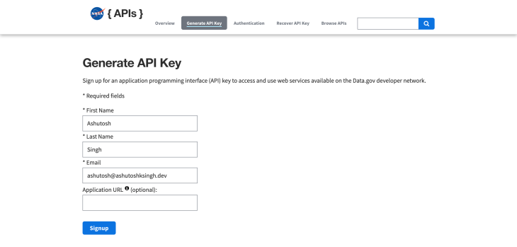 Generate API key page in the NASA API
