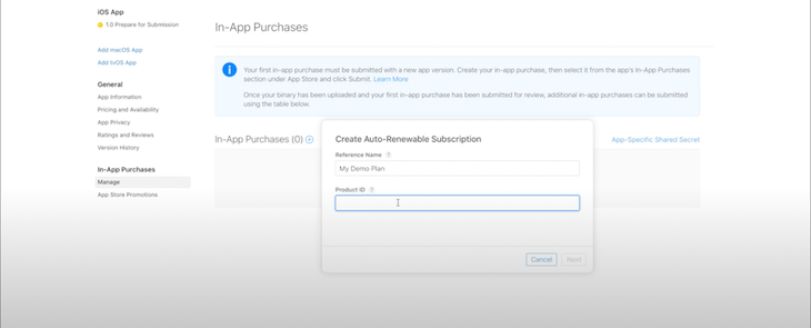 In App Purchases Product ID Example Screenshot