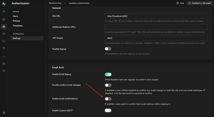 Toggle Off Enable Email Confirmations