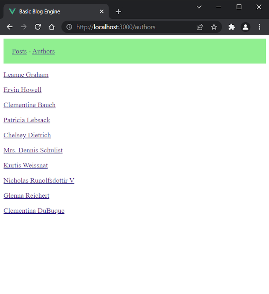 Authors View In Vue App Showing List Of Authors