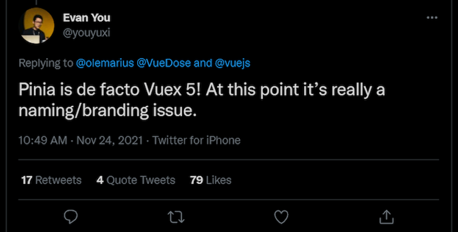 Evan You Tweet Explaining Pinia Is De Factor Vuex 5