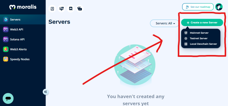 Moralis create new server button