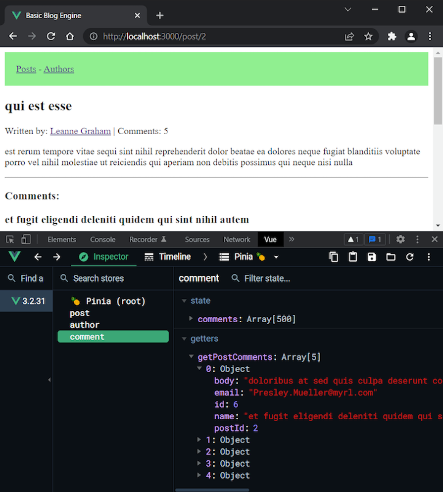 Pinia Comments Store In Vue Devtools
