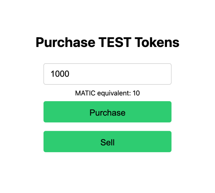Purchase test tokens screen