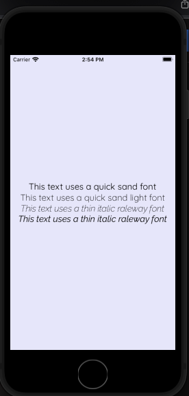 Code Output Of App.js Showing Four Text Styled By Quicksand And Raleway Fonts 