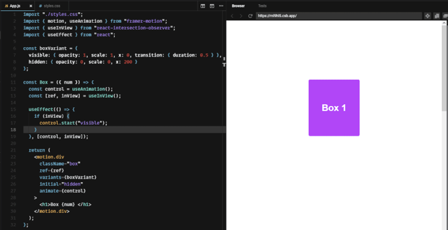 Gif Of Code And Demo Side By Side Showing User Scrolling Through Boxes, Which Animate Once Based On Scroll Position Entering Viewport
