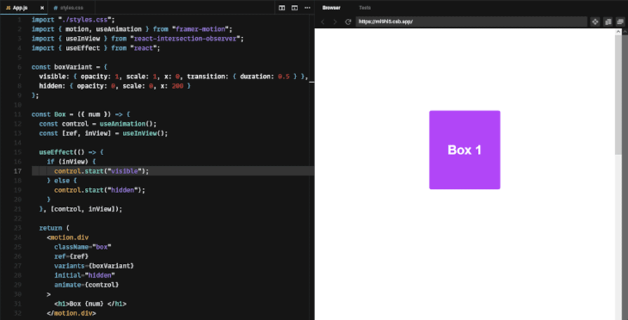 Gif Of Code And Demo Side By Side Showing User Scrolling Through Boxes, Which Animate Every Time Scroll Position Enters Viewport