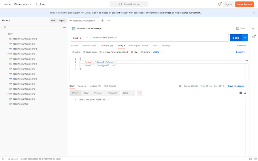 Example Of How To Delete Users By Id Using Postman