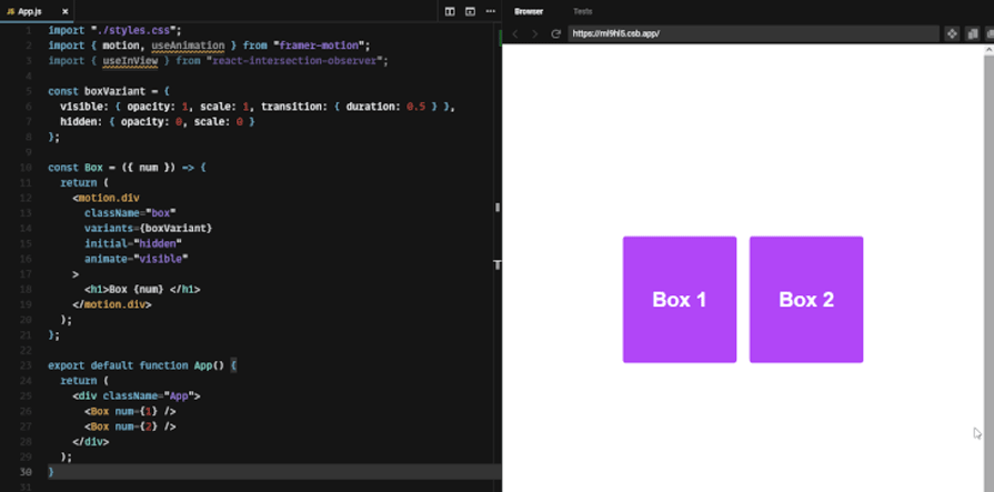 Gif Of Code And Demo Side By Side Showing Two Boxes Animating Simultaneously In A React Project With Framer Motion