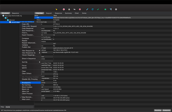 Click a request and select Breakpoints