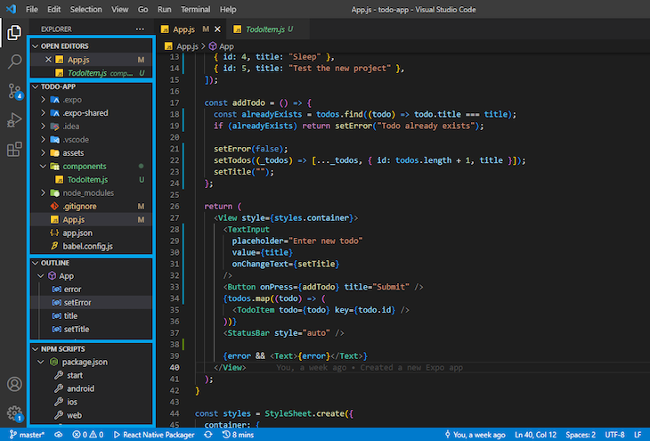 VS Code With Blue Boxes At Left Sidebar Showing Various Sections In Explorer