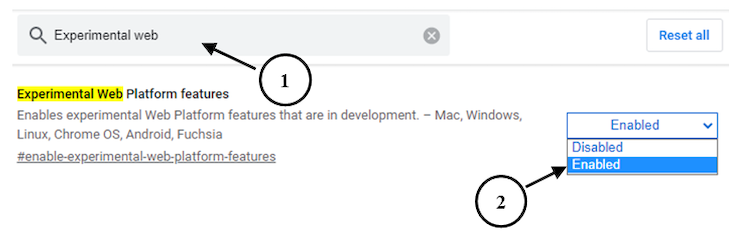 Chrome Experimental Features Listing With One Search Result For Phrase "Experimental Web" (Labeled With Number 1 In Circle) And Dropdown Menu To Enable Features (Labeled With Number 2 In Circle)
