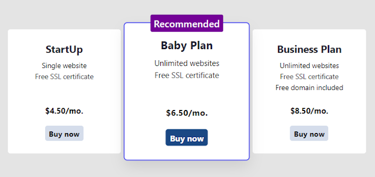 Final Result Of Using CSS Has Selector To Build A Set Of Three Pricing Cards With Middle "Recommended" Card Scaled Up And Highlighted With A Purple Drop Shadow