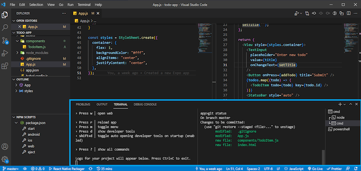 VSCode Integrated Terminal, Shown In A Blue Box At Bottom Of VSCode App.js File