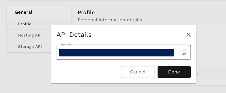 Fleek Account Settings Page With Launched API Details Modal