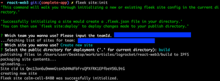 Fleek App Initialization Process Showing TeamID Input Prompt
