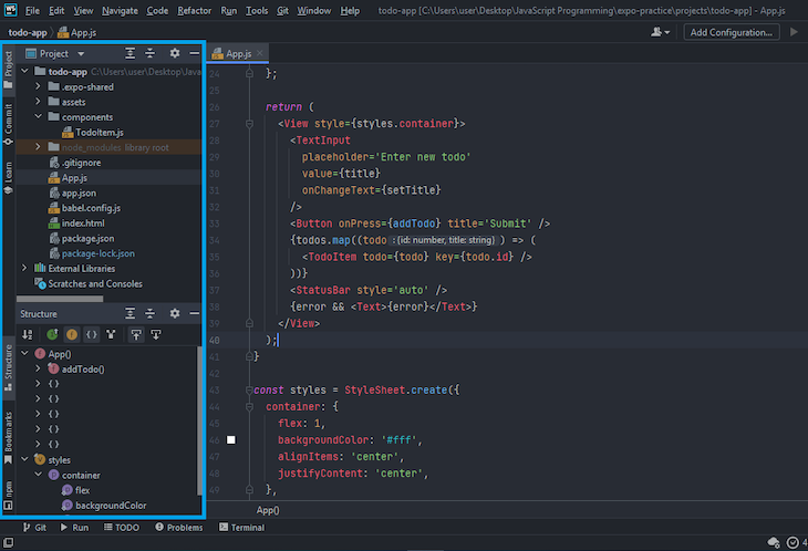 WebStorm UI With Navigation Panel On Left