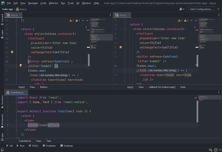 WebStorm Text Editor Shown Split Into Three Panels: Top Left, Top Right, And Bottom