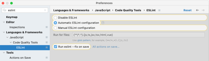 IntelliJ's code quality tools preferences to activate ESLint