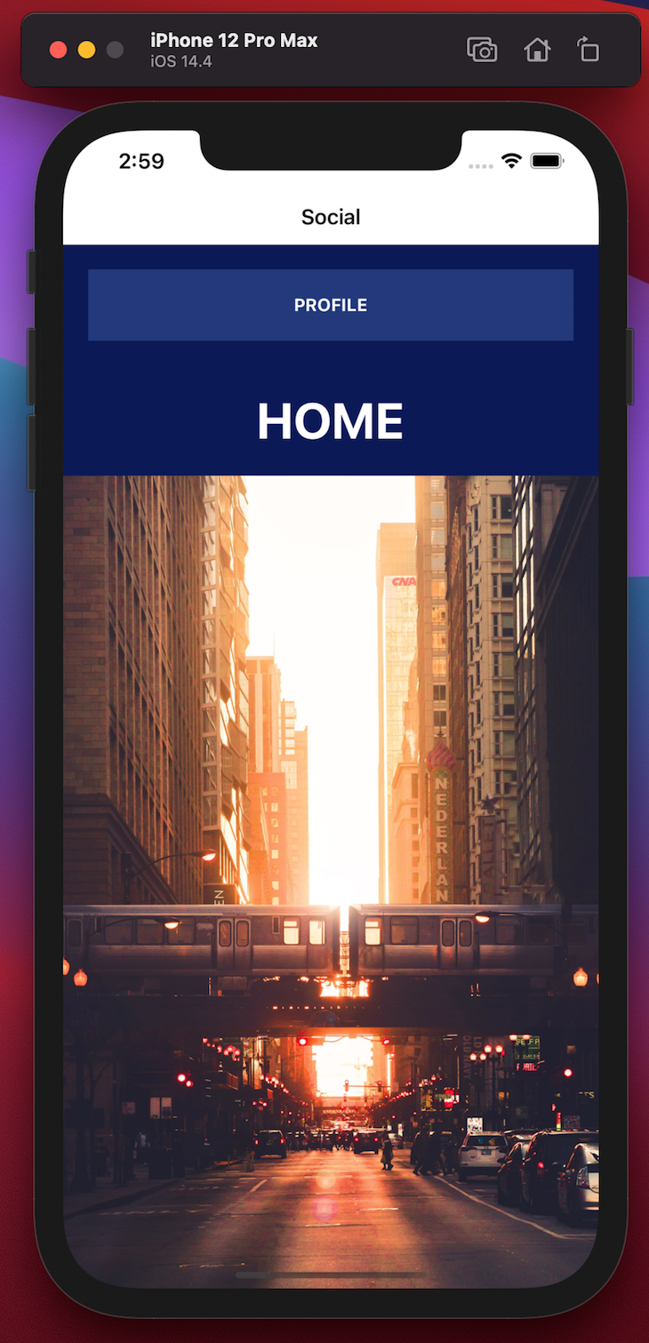 Flutter React Native App Iphone Homepage Showing Profile Button And Home Text With An Image Of A City At Street Level Displayed Below