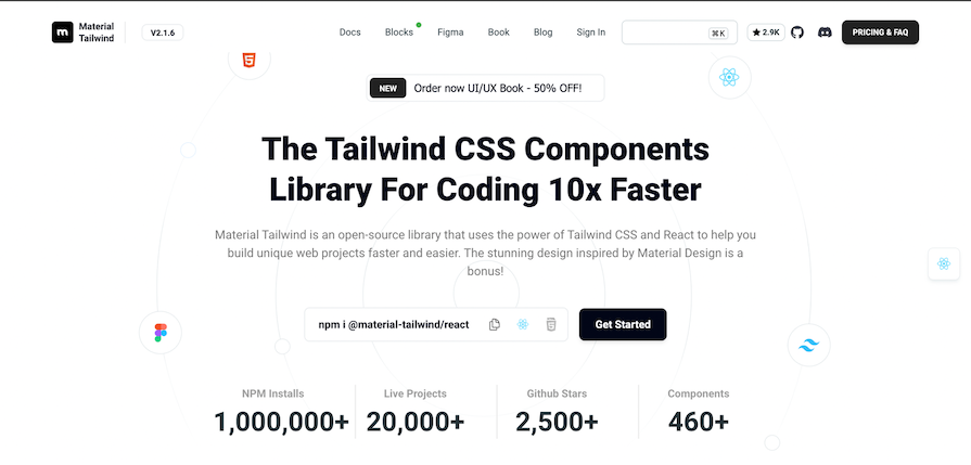 Material Tailwind Homepage Showing Information About This Tailwind Components Library