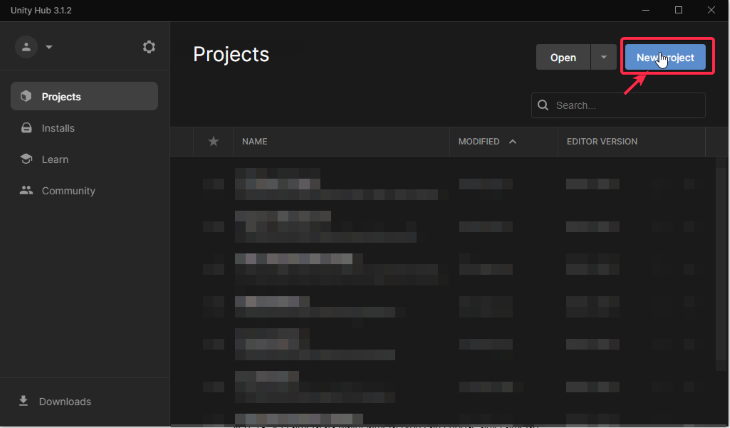 New Project Button Highlighted