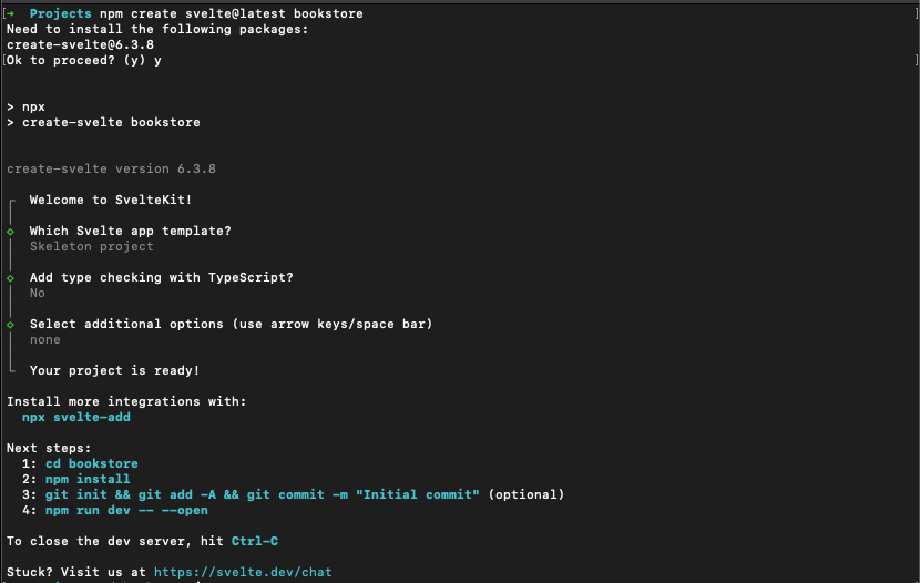 Terminal showing the commands and output for creating a Svelte bookstore app with SvelteKit.