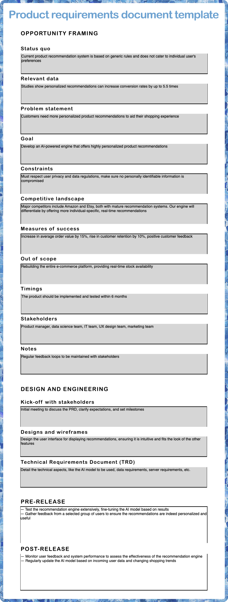 Product Requirements Document Template Example Ecommerce Product