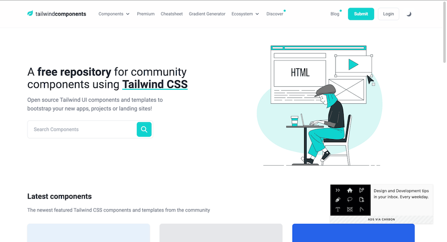 Tailwind Components Homepage Showing Repo Information And Search Bar For Tailwind Components