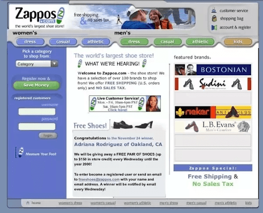 MVP Example: Screenshot Of Zappos Website From 1999