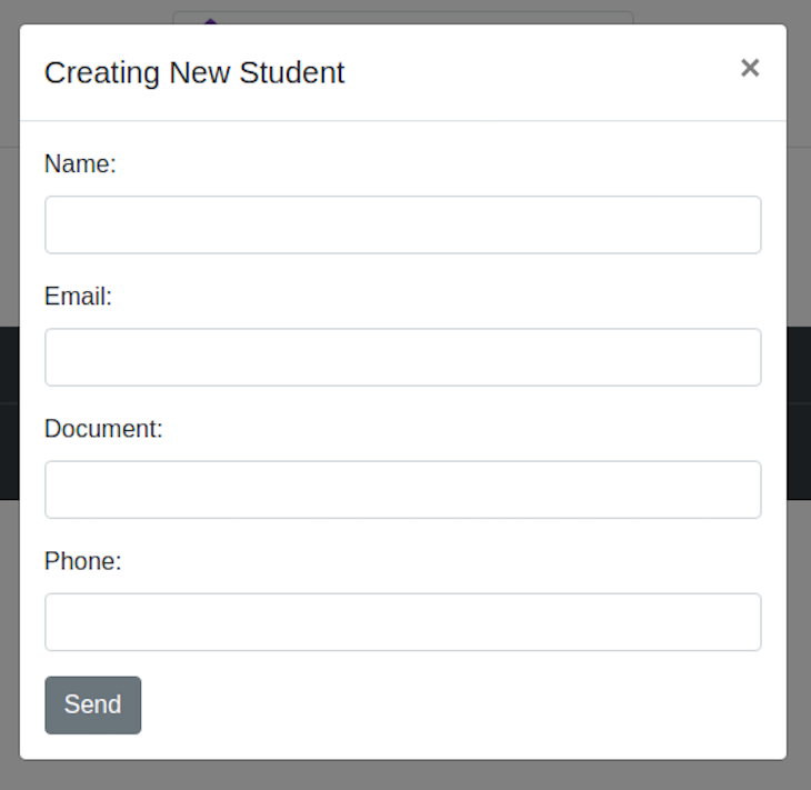Popup Modal Titled Creating New Student With Blank Fields For Name, Email, Document, And Phone, And Send Button