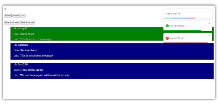 Notifications React-Toastify de style bleu et vert affichées sous forme de fenêtres contextuelles et dans le centre de notification