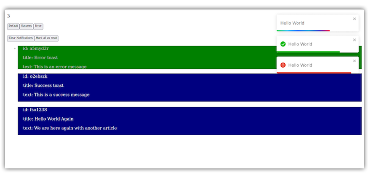 Styled Blue And Green React-Toastify Notifications Shown As Popups And In Notification Center