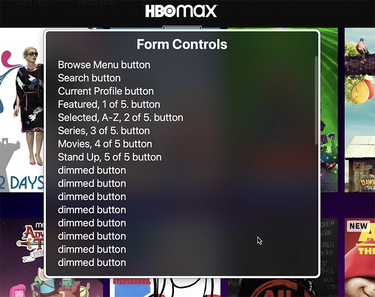 The Form Controls from VoiceOver in the HBOMax app