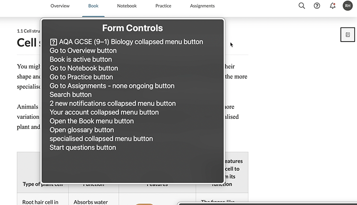 The Form Controls web rotor from VoiceOver on the Kognity site