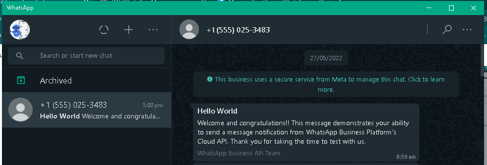 Hello World message from Facebook in WhatsApp inbox