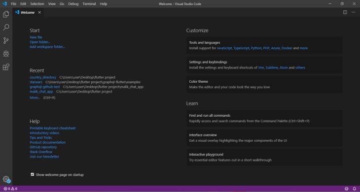 Page d'accueil de Visual Studio Code affichée au démarrage avec des invites pour démarrer, personnaliser, apprendre, obtenir de l'aide et accéder aux fichiers récents