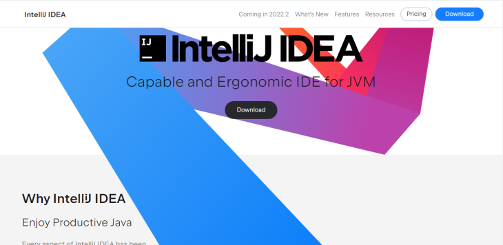 Page d'accueil IntelliJ IDEA avec bouton de téléchargement et informations sur les raisons pour lesquelles les développeurs devraient utiliser cet IDE