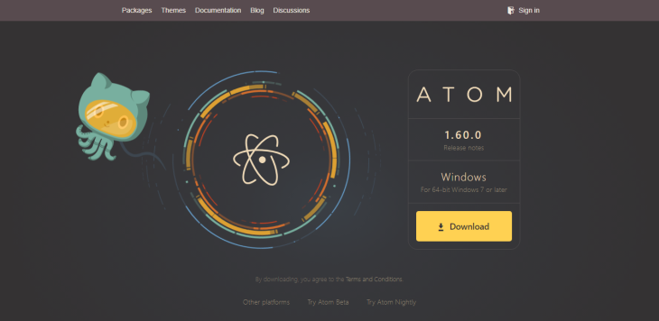 Page d'accueil de l'éditeur Atom affichant les informations sur la version actuelle, les informations de compatibilité, le bouton de téléchargement