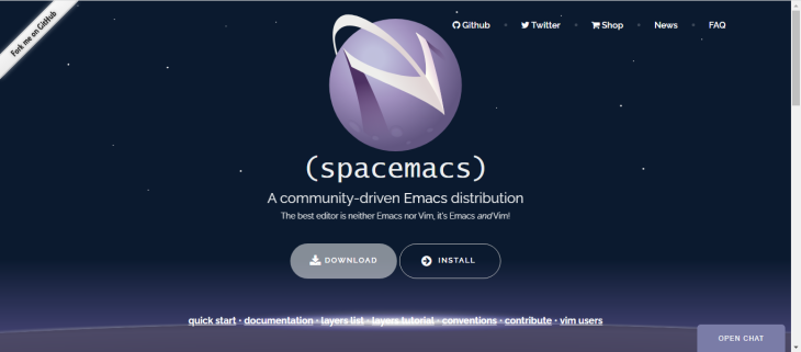 Page d'accueil de Spacemacs avec des boutons pour télécharger et installer ainsi que des liens vers des documents et d'autres ressources