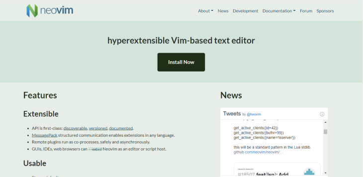 Neovim Homepage With Button To Install And Information About Notable Neovim Features