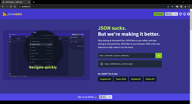 Json Hero Homepage Showing Feature Highlight And Json Data Entry Fields