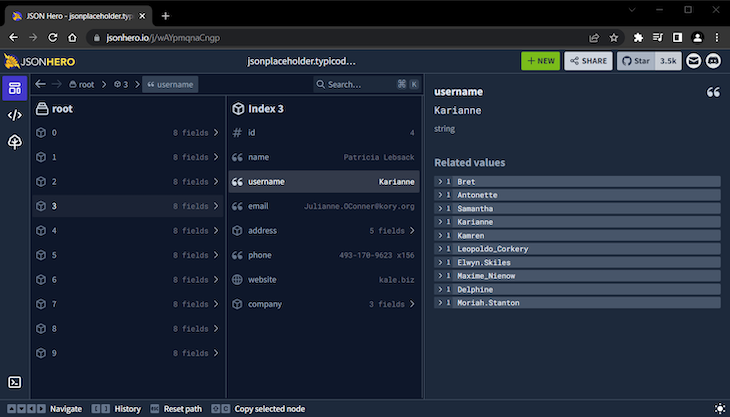 Json Hero Displaying Selected Field And Related Values