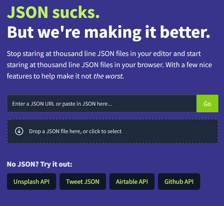 Section Of Json Hero Homepage With Fields To Enter Json Url, Paste Json Data, Or Upload Json File