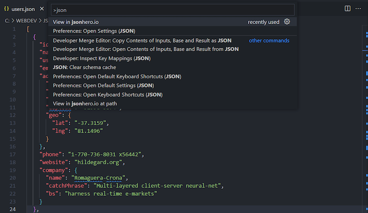 Opened Json File In Json Hero With View Command Being Run